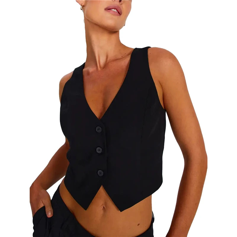 Waistcoat Vest Women Y2K Clothes Solid Color Slim Fit V Neck Sleeveless Button down Crop Tops Elegant Outwear Gilet