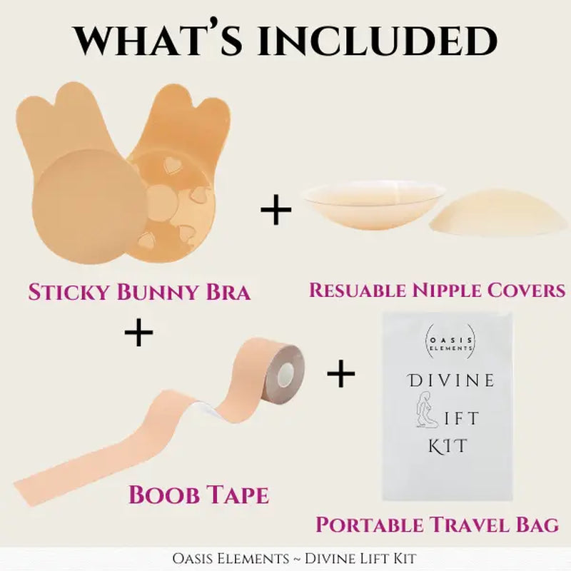 Divine Lift Kit - REUSABLE Sticky Bunny Bra with Boobtape and Reusable Silicone Nipple Covers - Breasts Coverage A-G Cup - Ultimate Breast Lift Set - Portable Travel Bag Womenswear Seamless Women Outfit Enhancer Invisible Push-Up Skin Waterproof