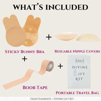 Divine Lift Kit - REUSABLE Sticky Bunny Bra with Boobtape and Reusable Silicone Nipple Covers - Breasts Coverage A-G Cup - Ultimate Breast Lift Set - Portable Travel Bag Womenswear Seamless Women Outfit Enhancer Invisible Push-Up Skin Waterproof