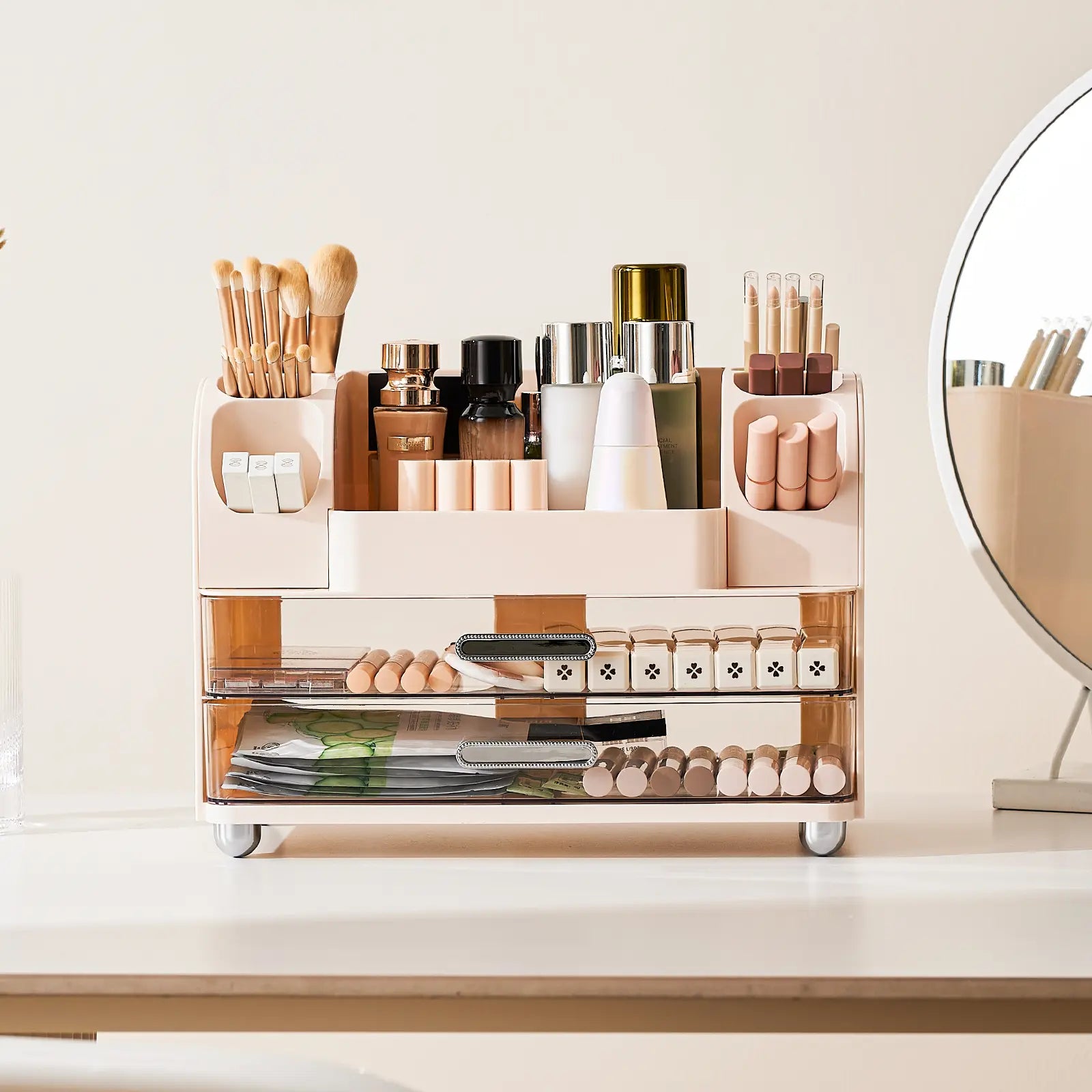 Makeup Organizer for Vanity with 2 Large Drawers, Cosmetic Display Case with Brush Holders, Easy to Storage for Bathroom Countertop Skincare, Desk Office Supplies