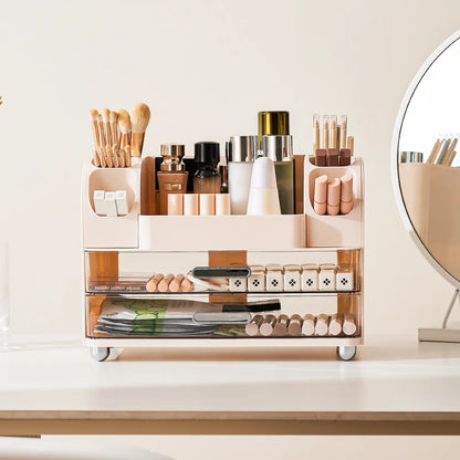 Makeup Organizer for Vanity with 2 Large Drawers, Cosmetic Display Case with Brush Holders, Easy to Storage for Bathroom Countertop Skincare, Desk Office Supplies