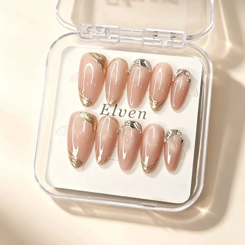Handmade Nude Pink Cat Eye Press on Nails with Gold Foil & Crystal Accents, Medium Almond Reusable Fake Nails for Luxury Minimalist Elegant Wear