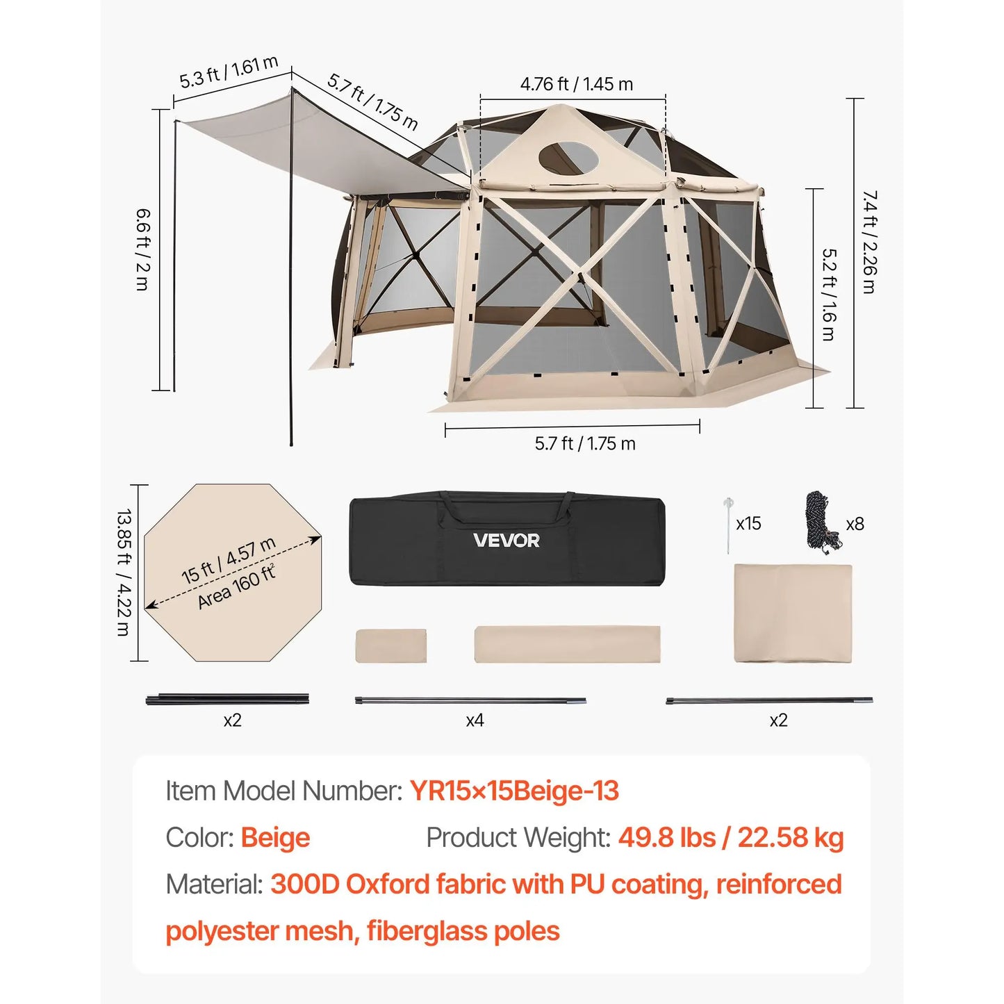 【Fathersdaygift】Vevor Pop up Gazebo Screen Tent, 15 X 15 Ft, 13-Sided Spherical Camping Canopy Tent with Removable Top & Carry Bag, Quick-Set & Bite-Proof, Screen House Sun Shelter for 12-15 Persons, Beige