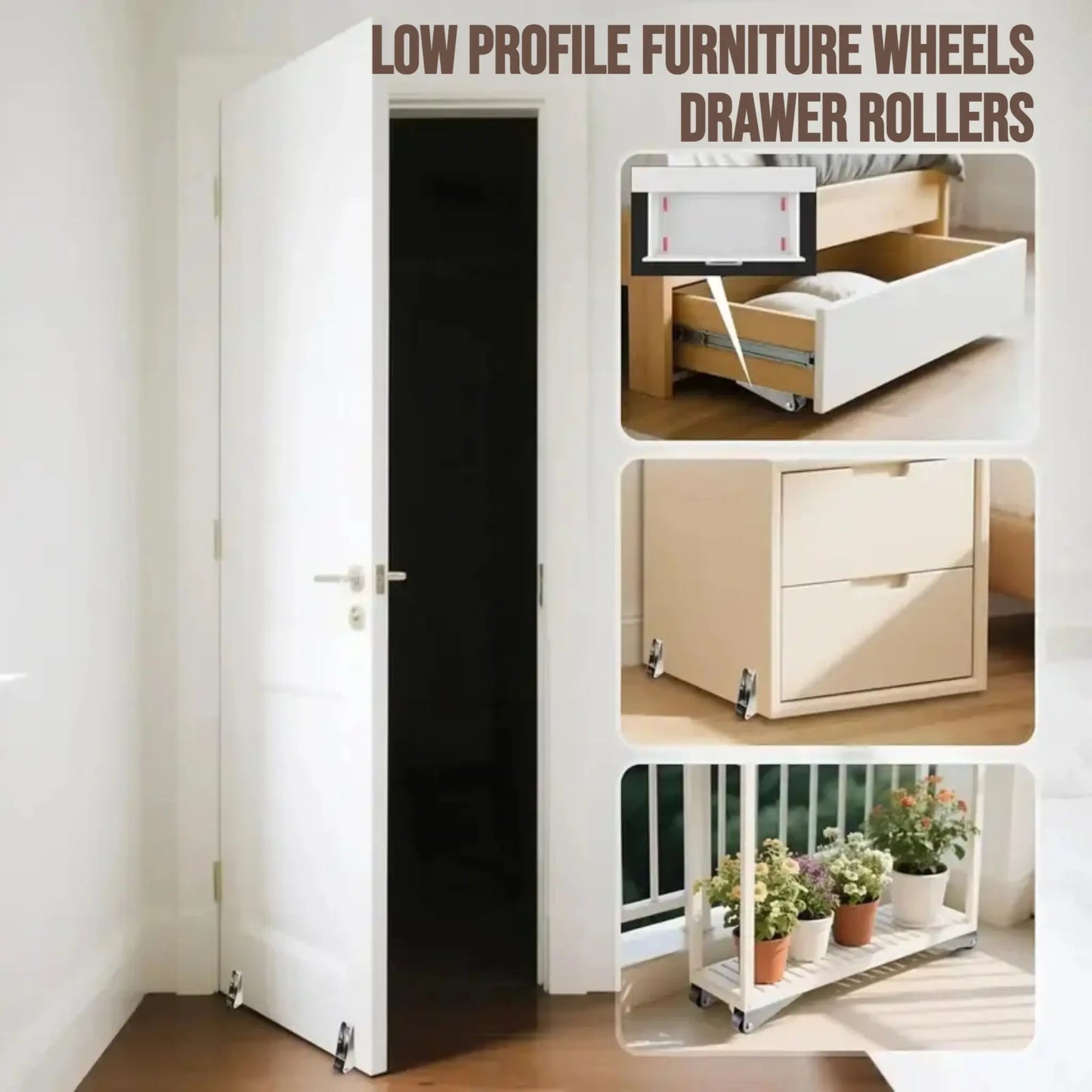 2 Pcs Multifunctional 0.9" Low Profile Fixed Casters, Small Wheels for Wooden Furniture & Bedroom Door Sinking Fix