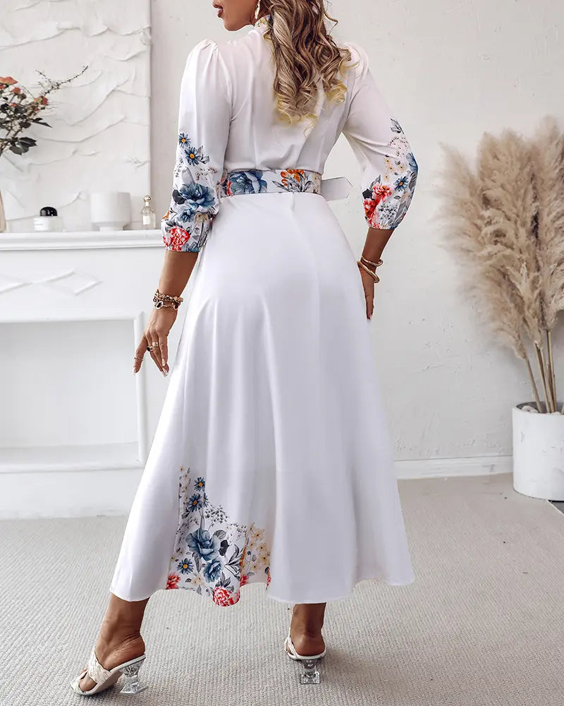Chicme Women'S Floral Print V Neck Three Quarters Tied Detail Blouse Dress Casual a Line Slim Fit Maxi Dress/Summer Dress for Wedding Guest