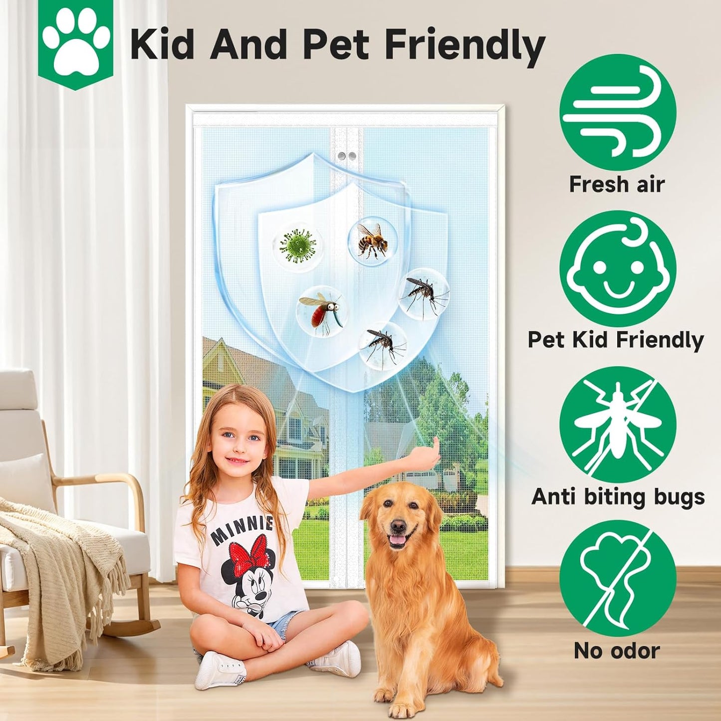 Upgraded Magnetic Screen Door, Heavy Duty Fiberglass Mesh, Quick Close Full Strip Magnets, Door Screen Magnetic Closure for Single Door Size 36 X 80 Inch, Screen Door Size 39 X 82 Inch White