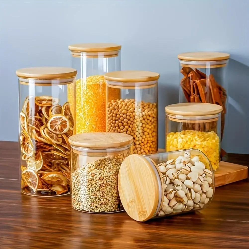 Glass Storage Jar with Wooden Lid, 1/2/3/4 Counts Clear Container, Food Storage Box for Spice, Tea, Coffee, Spice, Candy, Cookie, Glass Kitchen Canisters, Home Organization Containers