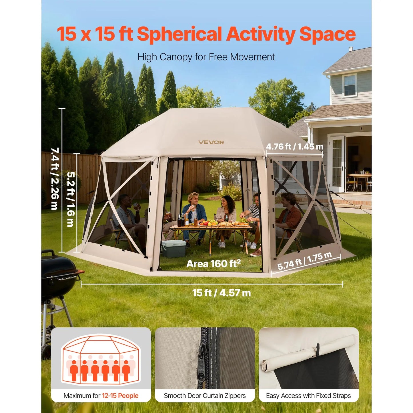 【Fathersdaygift】Vevor Pop up Gazebo Screen Tent, 15 X 15 Ft, 13-Sided Spherical Camping Canopy Tent with Removable Top & Carry Bag, Quick-Set & Bite-Proof, Screen House Sun Shelter for 12-15 Persons, Beige