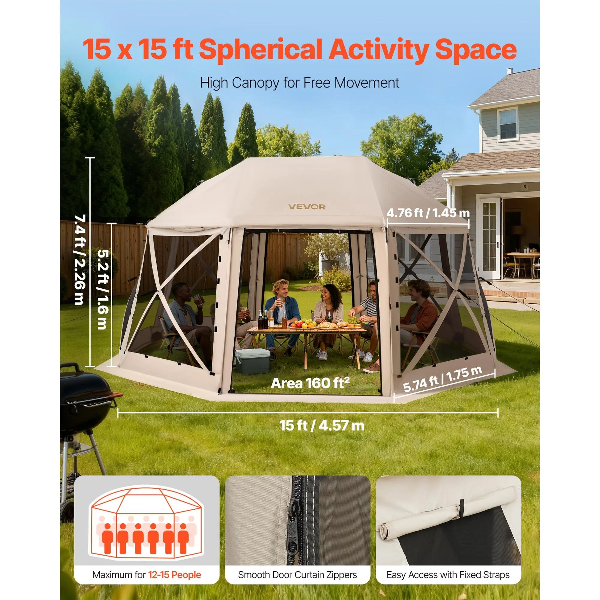 【Fathersdaygift】Vevor Pop up Gazebo Screen Tent, 15 X 15 Ft, 13-Sided Spherical Camping Canopy Tent with Removable Top & Carry Bag, Quick-Set & Bite-Proof, Screen House Sun Shelter for 12-15 Persons, Beige
