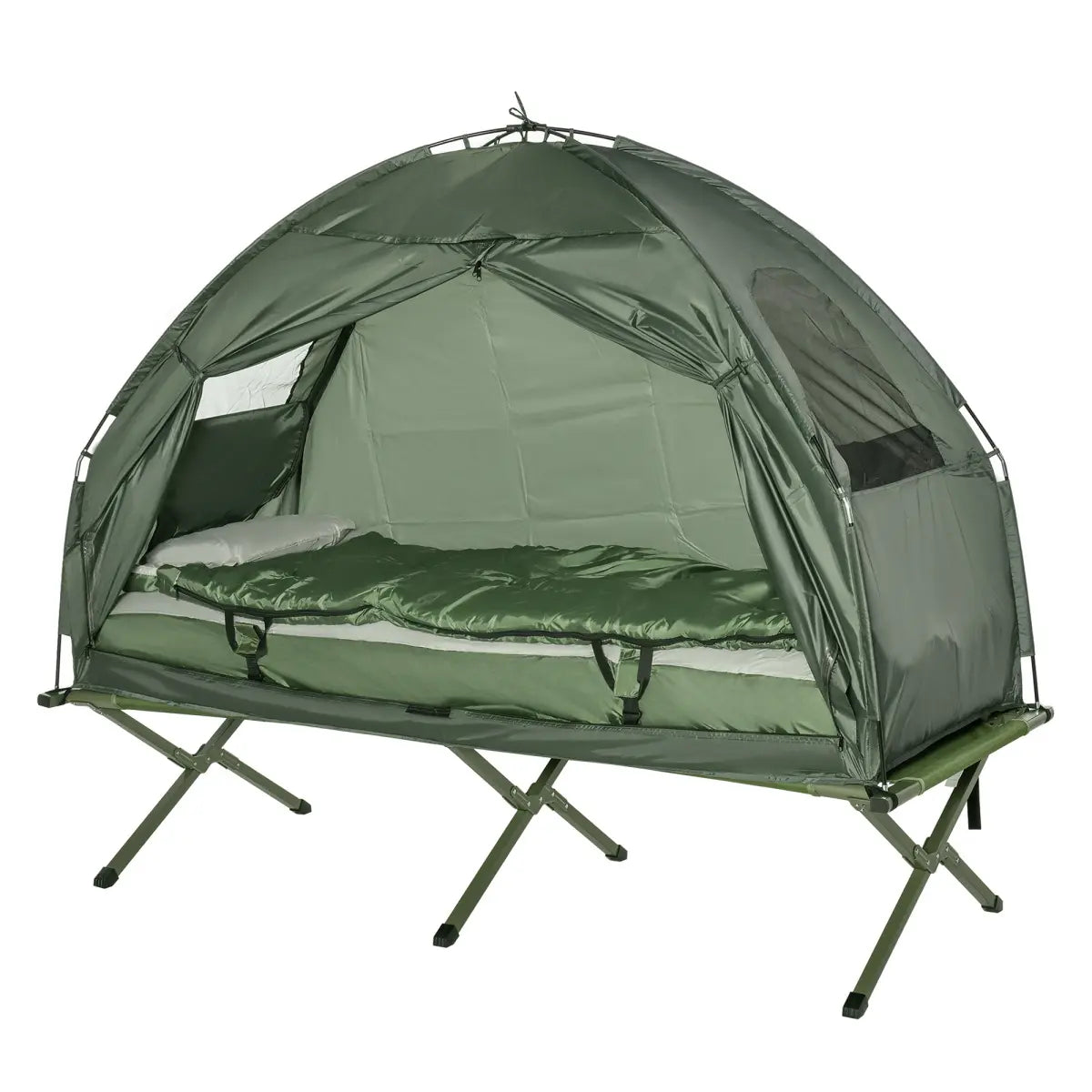 Outsunny Multifunctional Folding Camping Cots for Adults, Elevated Tent with Sleeping Bag, Thick Air Mattress Pad, Portable Single Sleeping Cot Camping Bed On-Site