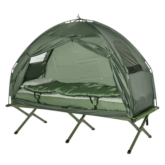 Outsunny Multifunctional Folding Camping Cots for Adults, Elevated Tent with Sleeping Bag, Thick Air Mattress Pad, Portable Single Sleeping Cot Camping Bed On-Site
