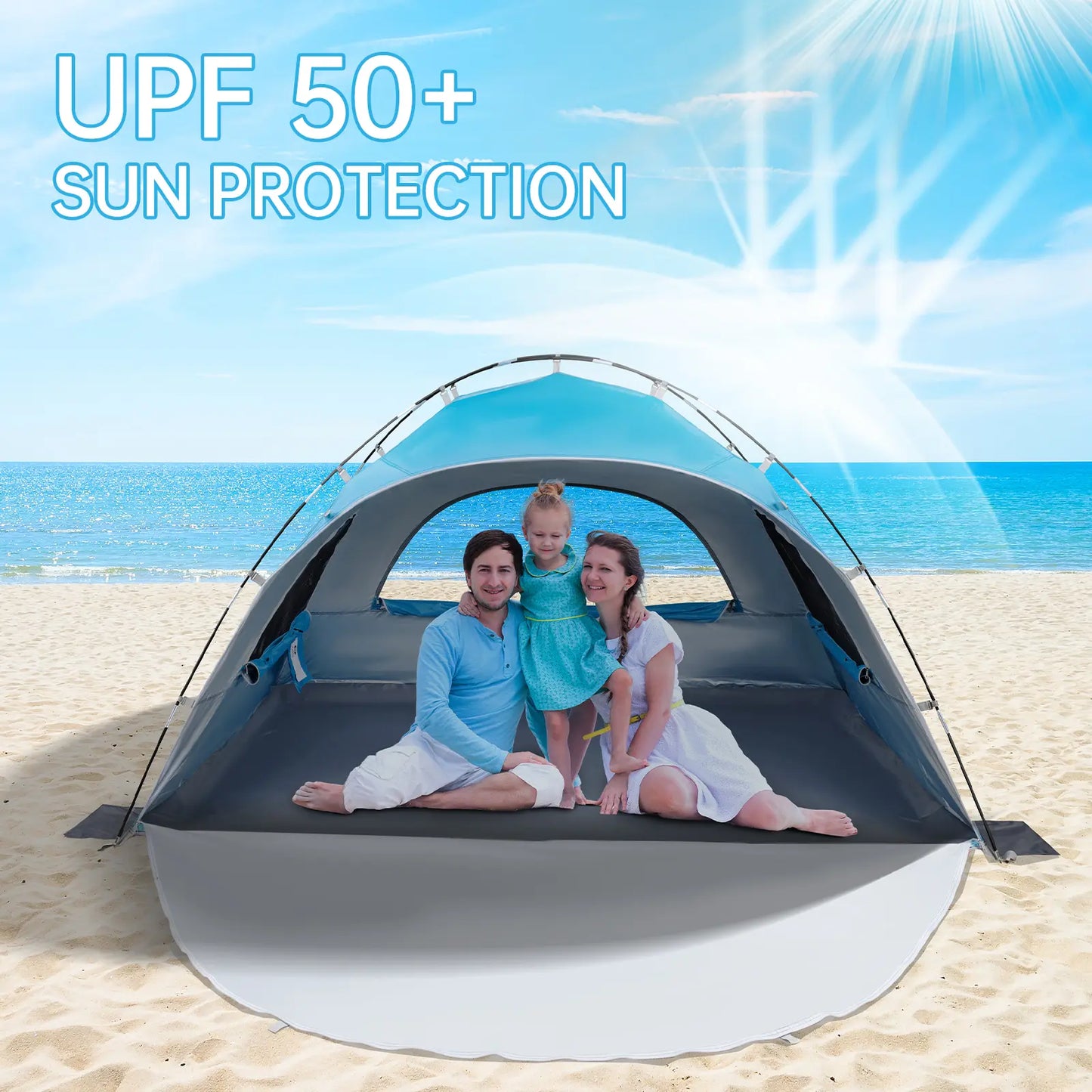 Night Cat Beach Tent - Windproof Portable Tent, 2-4 Person Camping Sun Shade Shelter with UPF 50+ UV Protection, 3 Mesh Windows, Breathable Panels, Extended Floor, Compact Pack, Roomy Fit, Easy Setup for Outdoor Summer Use