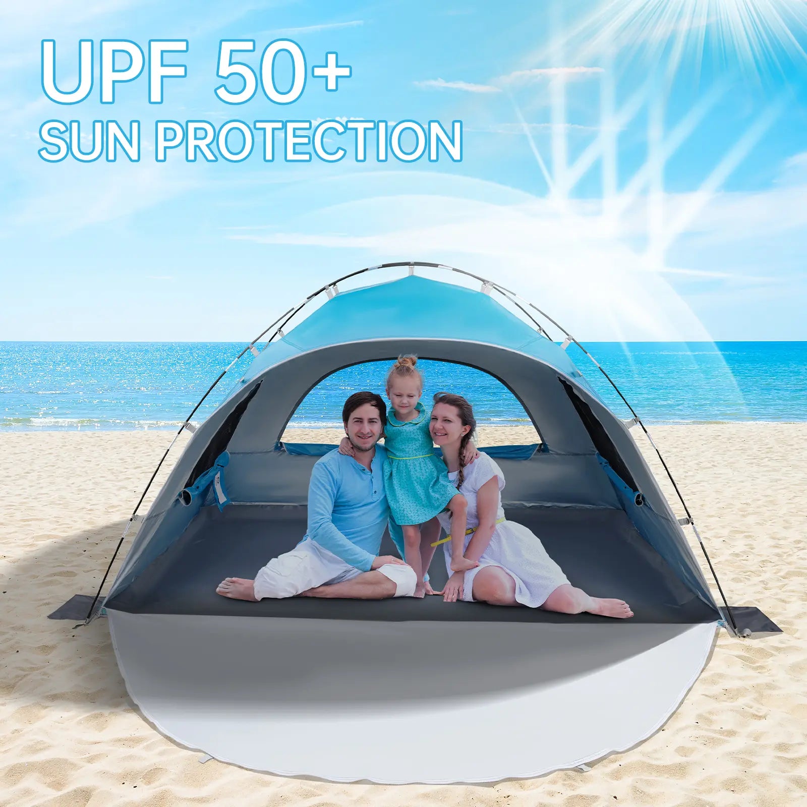 Night Cat Beach Tent - Windproof Portable Tent, 2-4 Person Camping Sun Shade Shelter with UPF 50+ UV Protection, 3 Mesh Windows, Breathable Panels, Extended Floor, Compact Pack, Roomy Fit, Easy Setup for Outdoor Summer Use