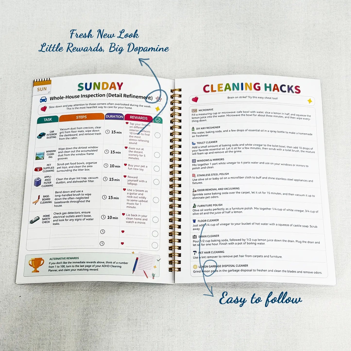 2026 ADHD Cleaning Planner & Declutter Workbook for Adults an Kids – Daily, Weekly, Monthly & Seasonal Cleaning Checklists with Reward System, Time Blocking, Habit Tracker & Home Organization Routine Beautiful Design
