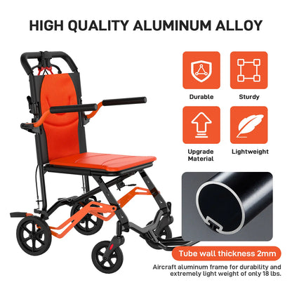 Lightweight Folding Transport Wheelchair for Adults & Seniors – 18 Lbs Aluminum Frame – Removable Turn over Armrests – Swing-Away Footrests – Locking Handbrake – 220 Lbs Capacity – Easy Fold & Carry – Ideal for Travel & Indoors
