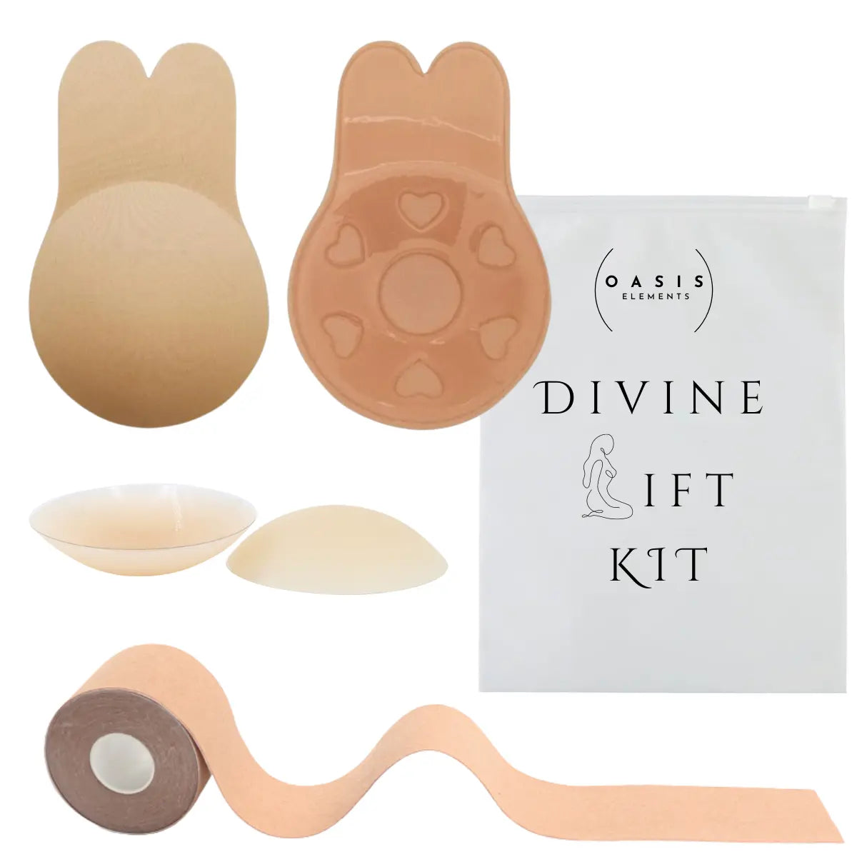 Divine Lift Kit - REUSABLE Sticky Bunny Bra with Boobtape and Reusable Silicone Nipple Covers - Breasts Coverage A-G Cup - Ultimate Breast Lift Set - Portable Travel Bag Womenswear Seamless Women Outfit Enhancer Invisible Push-Up Skin Waterproof