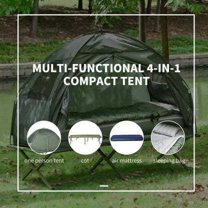 Outsunny Multifunctional Folding Camping Cots for Adults, Elevated Tent with Sleeping Bag, Thick Air Mattress Pad, Portable Single Sleeping Cot Camping Bed On-Site