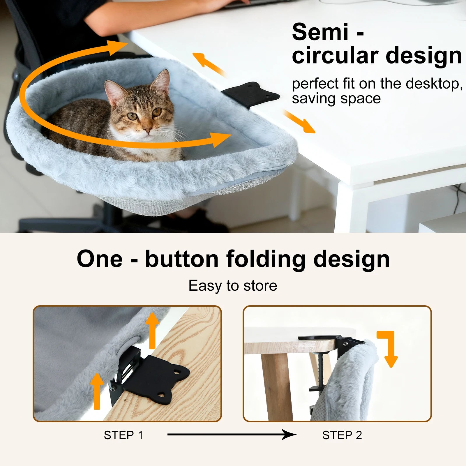 Cat Desk Bed One-Click Folding Sunken Design Space-Saving Semi-Circular Cat Desk Hammock Perch for Home Office Indoor Cats