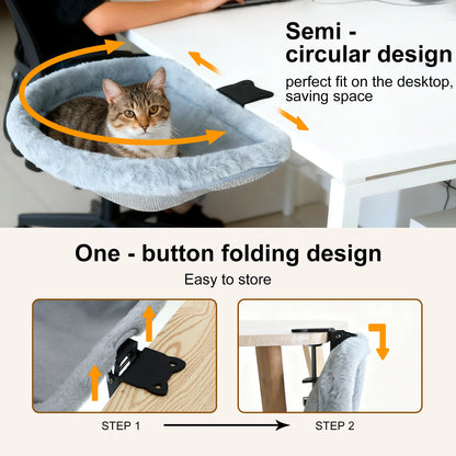 Cat Desk Bed One-Click Folding Sunken Design Space-Saving Semi-Circular Cat Desk Hammock Perch for Home Office Indoor Cats