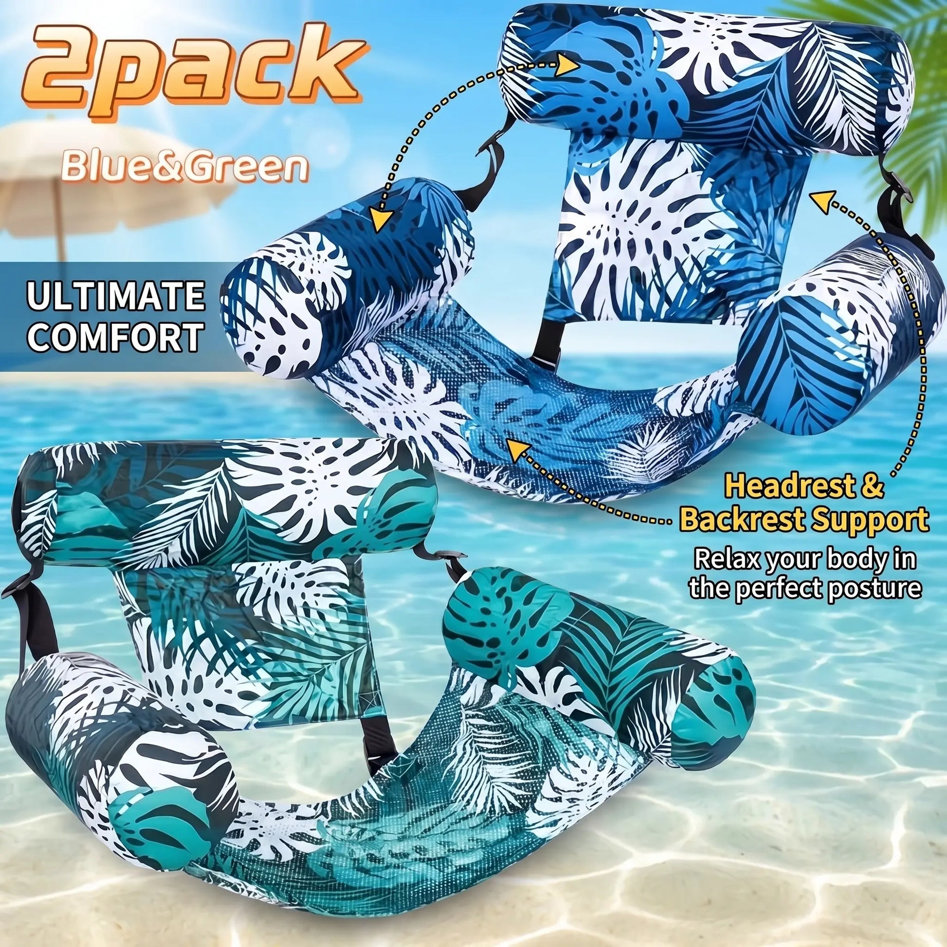 Inflatable Adult Hammock Lounger 2-Pack with Backrest, Water Pool Float Chair for Summer Fun at Pools Lakes Beaches or Outdoor Relaxation Portable Easy to Store