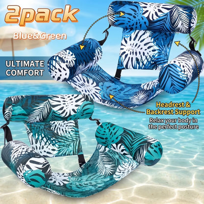 Inflatable Adult Hammock Lounger 2-Pack with Backrest, Water Pool Float Chair for Summer Fun at Pools Lakes Beaches or Outdoor Relaxation Portable Easy to Store