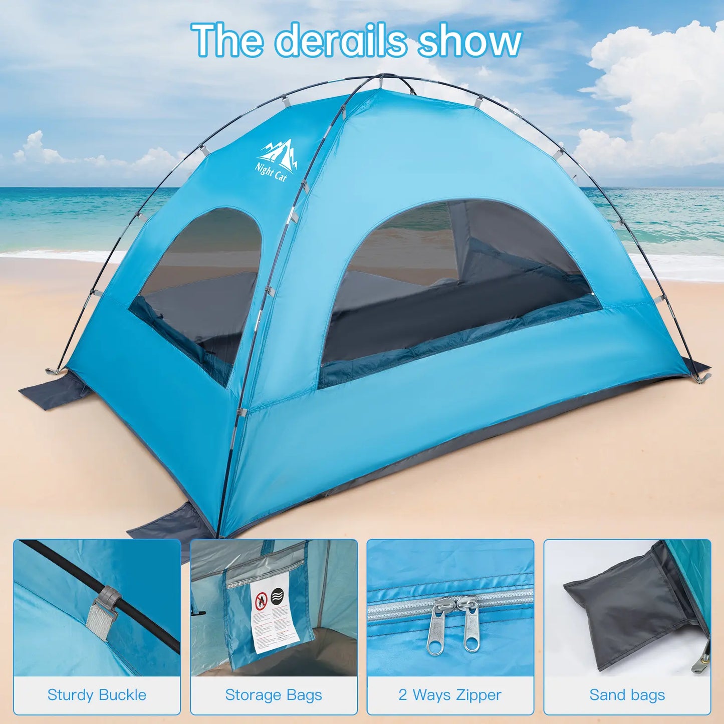Night Cat Beach Tent - Windproof Portable Tent, 2-4 Person Camping Sun Shade Shelter with UPF 50+ UV Protection, 3 Mesh Windows, Breathable Panels, Extended Floor, Compact Pack, Roomy Fit, Easy Setup for Outdoor Summer Use