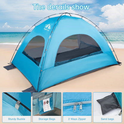 Night Cat Beach Tent - Windproof Portable Tent, 2-4 Person Camping Sun Shade Shelter with UPF 50+ UV Protection, 3 Mesh Windows, Breathable Panels, Extended Floor, Compact Pack, Roomy Fit, Easy Setup for Outdoor Summer Use