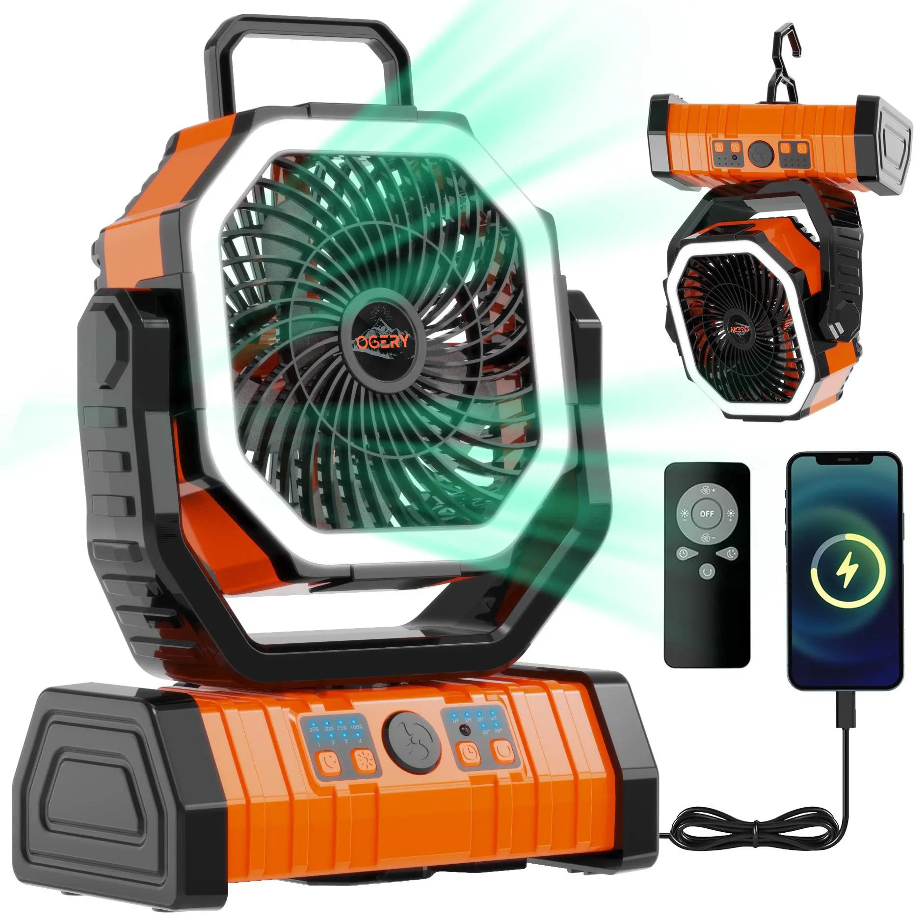 OGERY Rechargeable Camping Fan with LED Light, Portable Multi-Functional Fan with 360° Rotating Hook, Oscillating Emergency Camping Fan Cordless Rotatable Battery Powered Lightweight Summerwins