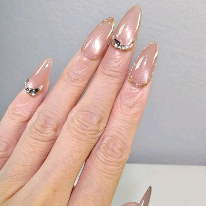 Handmade Nude Pink Cat Eye Press on Nails with Gold Foil & Crystal Accents, Medium Almond Reusable Fake Nails for Luxury Minimalist Elegant Wear