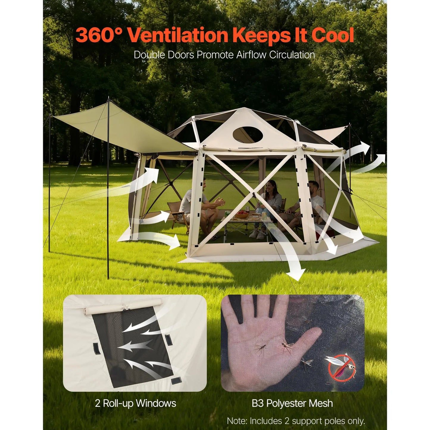 【Fathersdaygift】Vevor Pop up Gazebo Screen Tent, 15 X 15 Ft, 13-Sided Spherical Camping Canopy Tent with Removable Top & Carry Bag, Quick-Set & Bite-Proof, Screen House Sun Shelter for 12-15 Persons, Beige