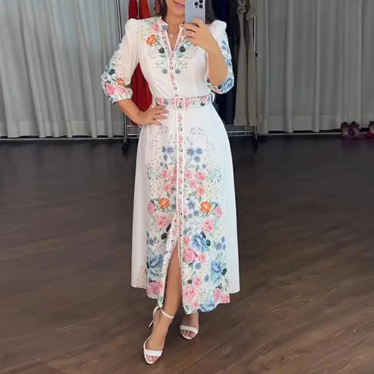 Chicme Women'S Floral Print V Neck Three Quarters Tied Detail Blouse Dress Casual a Line Slim Fit Maxi Dress/Summer Dress for Wedding Guest