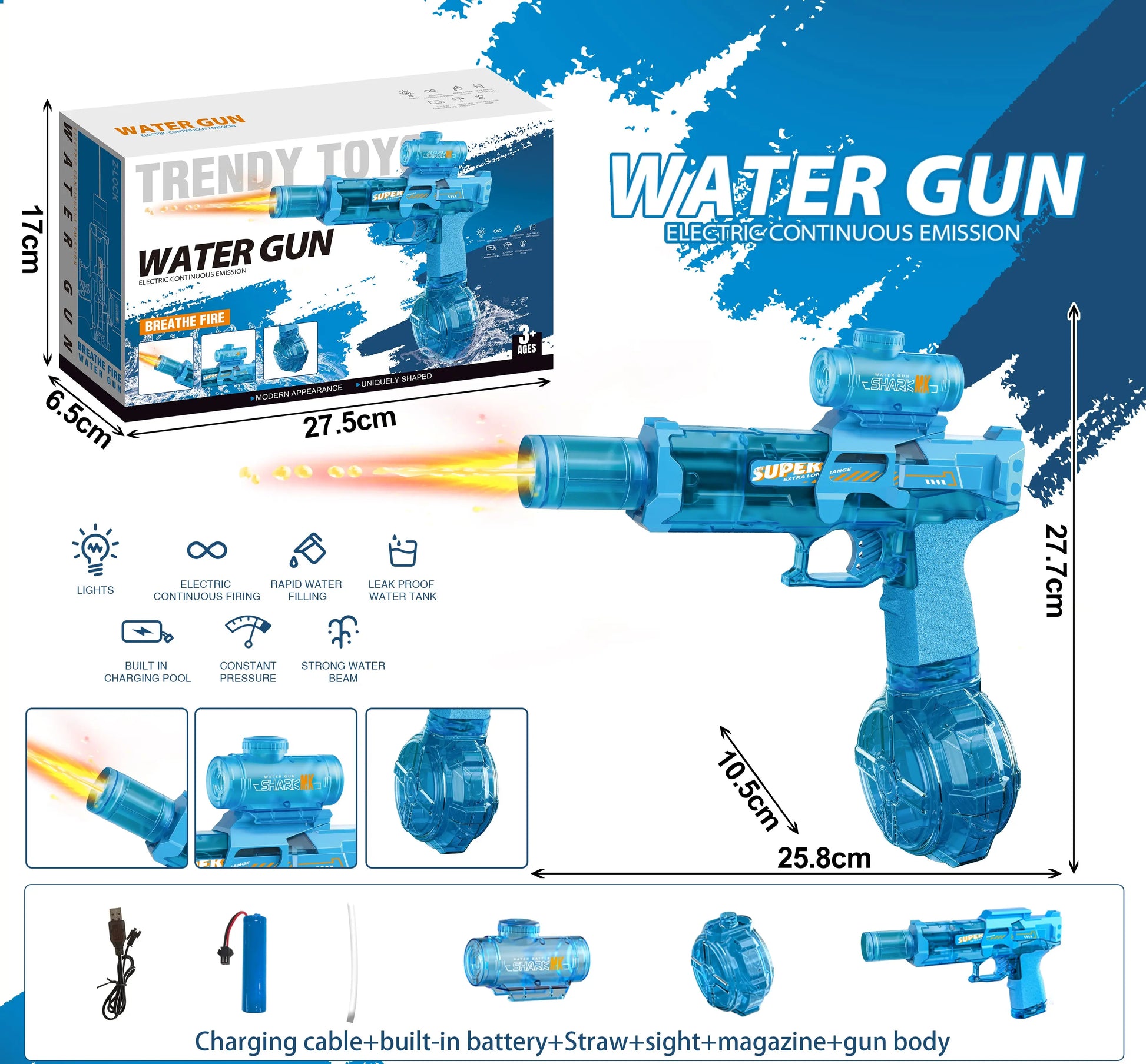 Adult and Children'S Electric Water Guns, Summervibes,Automatic High-Power Water Guns, Swimming Pool Toys,Summervibes,Beach Electric Water Guns, Realistic Muzzle Flames.