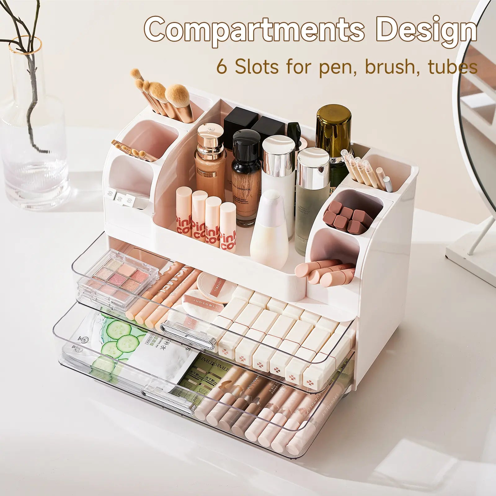 Makeup Organizer for Vanity with 2 Large Drawers, Cosmetic Display Case with Brush Holders, Easy to Storage for Bathroom Countertop Skincare, Desk Office Supplies