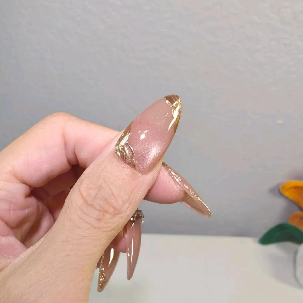 Handmade Nude Pink Cat Eye Press on Nails with Gold Foil & Crystal Accents, Medium Almond Reusable Fake Nails for Luxury Minimalist Elegant Wear