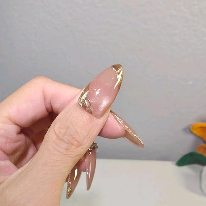 Handmade Nude Pink Cat Eye Press on Nails with Gold Foil & Crystal Accents, Medium Almond Reusable Fake Nails for Luxury Minimalist Elegant Wear