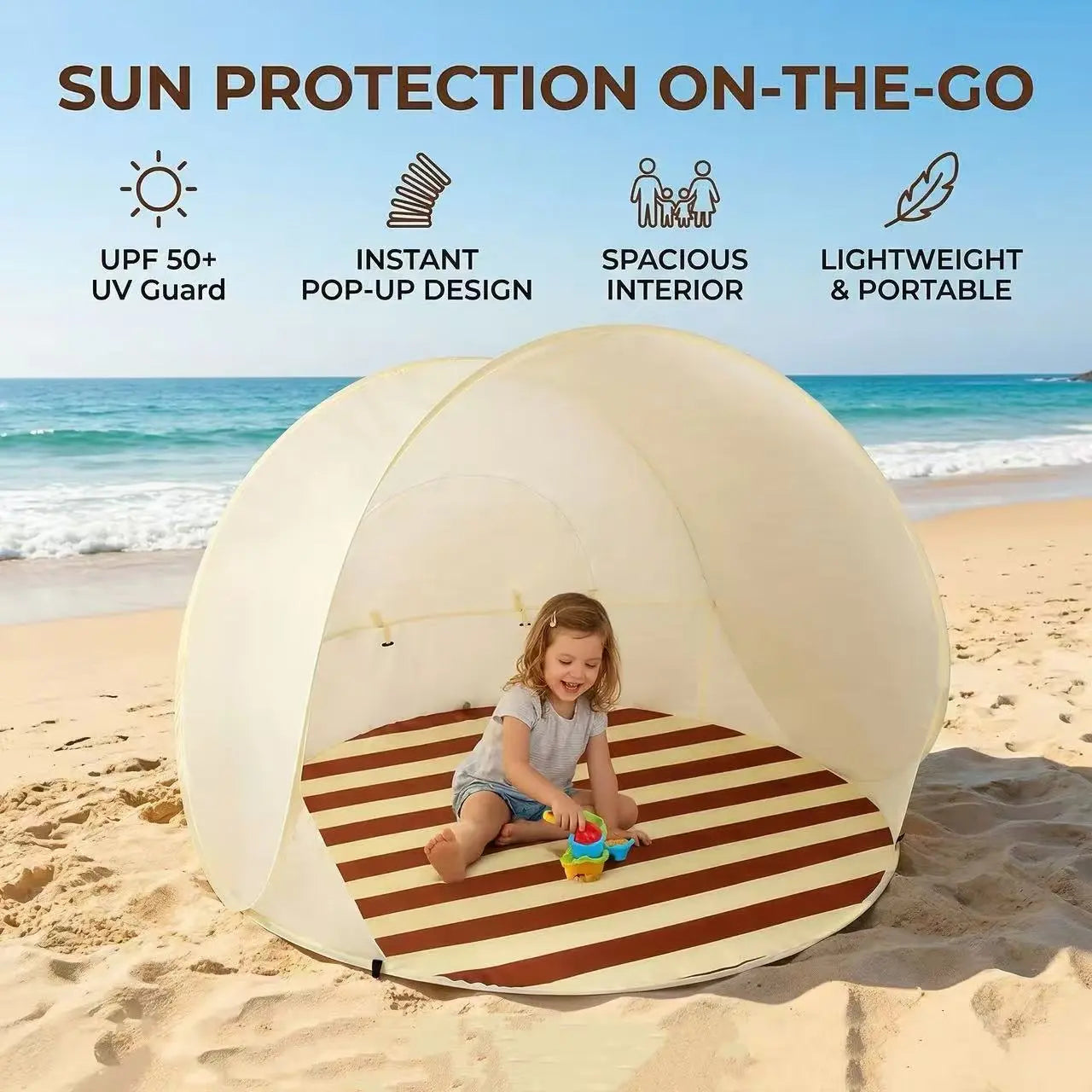 Compact Portable Beach Tent Sun Shelter – Small Lightweight Pop up Tent – Uv-Resistant Instant Setup for Camping, Backyard, Beach Picnics & Outdoor Travel – Essential Sun Shade Canopy