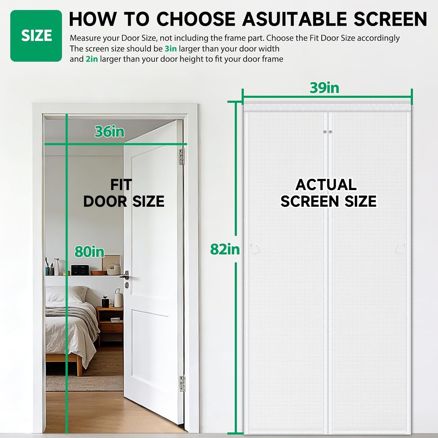 Upgraded Magnetic Screen Door, Heavy Duty Fiberglass Mesh, Quick Close Full Strip Magnets, Door Screen Magnetic Closure for Single Door Size 36 X 80 Inch, Screen Door Size 39 X 82 Inch White