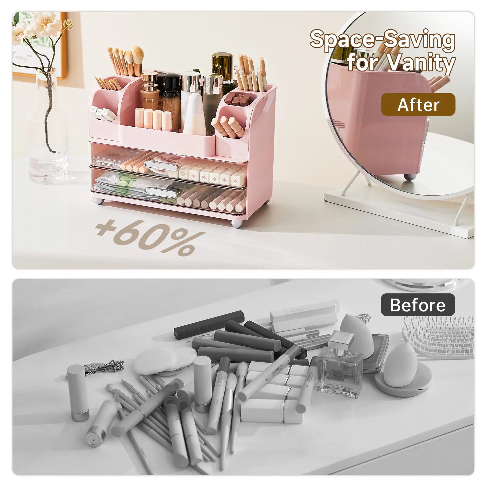 Makeup Organizer for Vanity with 2 Large Drawers, Cosmetic Display Case with Brush Holders, Easy to Storage for Bathroom Countertop Skincare, Desk Office Supplies