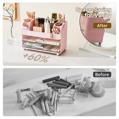 Makeup Organizer for Vanity with 2 Large Drawers, Cosmetic Display Case with Brush Holders, Easy to Storage for Bathroom Countertop Skincare, Desk Office Supplies