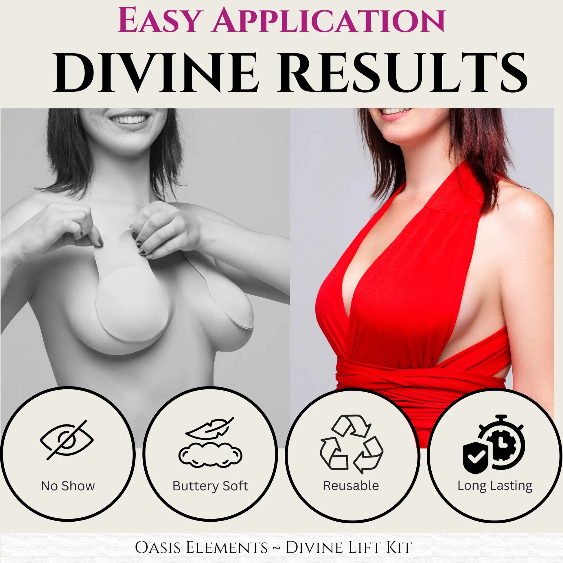 Divine Lift Kit - REUSABLE Sticky Bunny Bra with Boobtape and Reusable Silicone Nipple Covers - Breasts Coverage A-G Cup - Ultimate Breast Lift Set - Portable Travel Bag Womenswear Seamless Women Outfit Enhancer Invisible Push-Up Skin Waterproof