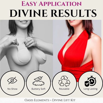 Divine Lift Kit - REUSABLE Sticky Bunny Bra with Boobtape and Reusable Silicone Nipple Covers - Breasts Coverage A-G Cup - Ultimate Breast Lift Set - Portable Travel Bag Womenswear Seamless Women Outfit Enhancer Invisible Push-Up Skin Waterproof