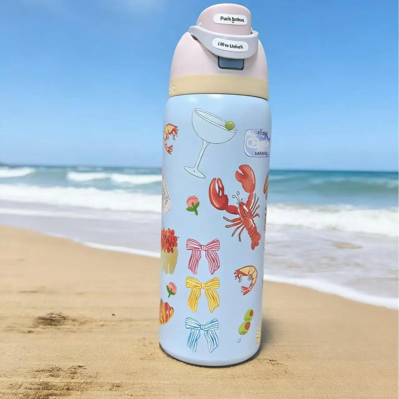 Owala 32Oz Rosé & Croissant Print - Cutest Picnic Inspired Design for Beach Days & Brunch Runs - Keeps Icy Cold All Day - Fashion Accessory Travel Drinkware Beverage Coffee Floral Pure Copper Water Bottle with Bag Glass Juice Lids and Straws Duck Can