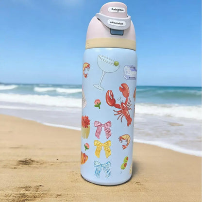 Owala 32Oz Rosé & Croissant Print - Cutest Picnic Inspired Design for Beach Days & Brunch Runs - Keeps Icy Cold All Day - Fashion Accessory Travel Drinkware Beverage Coffee Floral Pure Copper Water Bottle with Bag Glass Juice Lids and Straws Duck Can