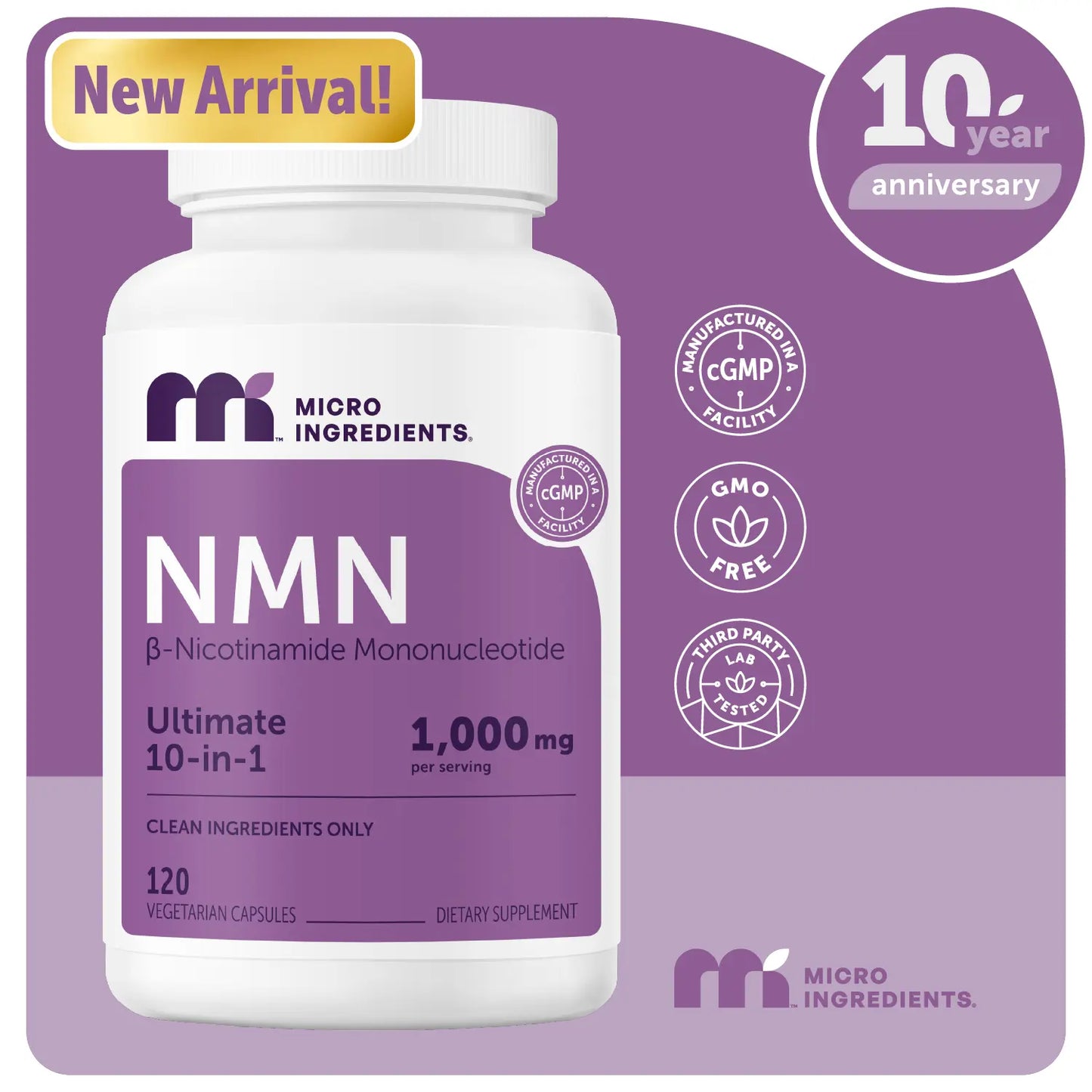 Micro Ingredients NMN Complex 1,000Mg per Serving, 10-1 Complex, Zero Filler, Pure NMN 500Mg with Vitamin C, Resveratrol, Coq10, TMG, Quercetin, & Glutathione | NAD+ Supplement Precursor