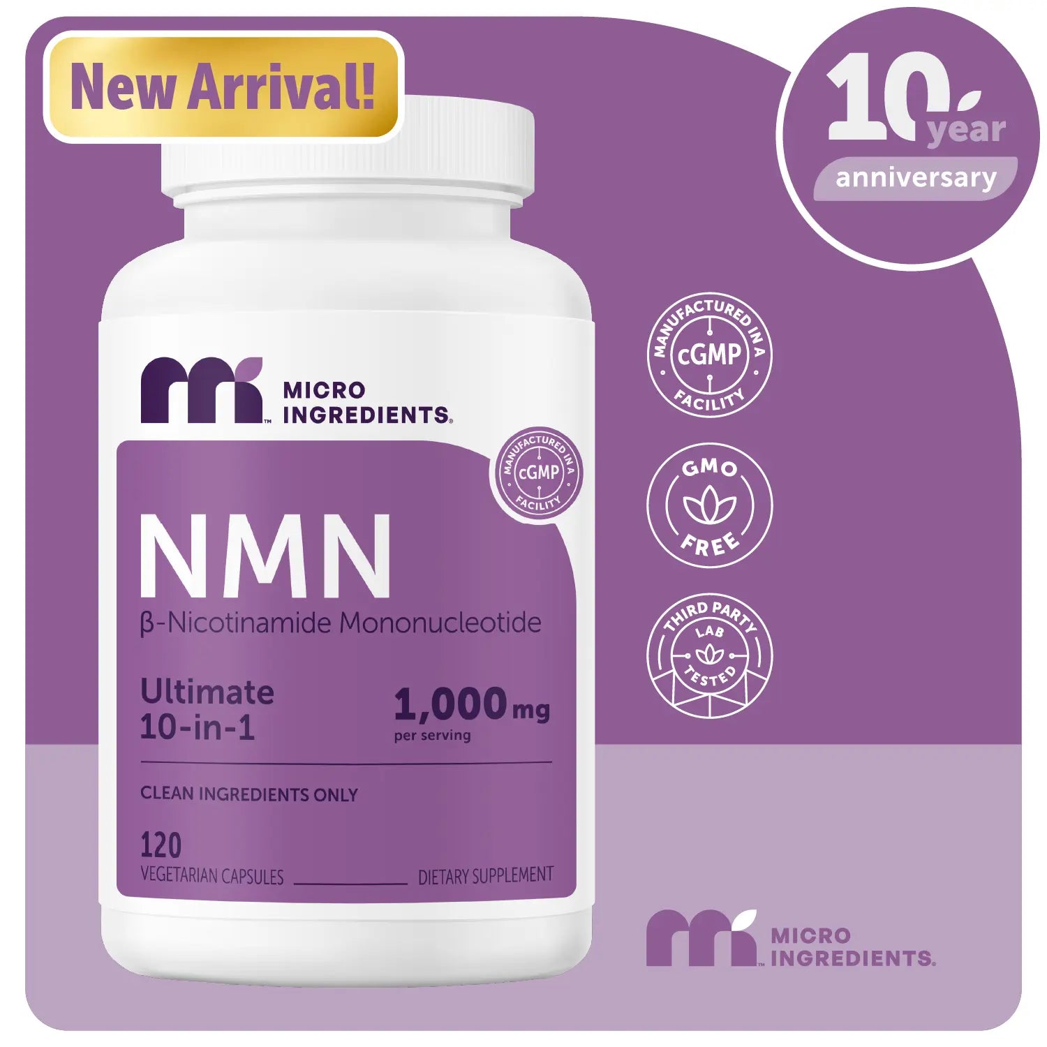 Micro Ingredients NMN Complex 1,000Mg per Serving, 10-1 Complex, Zero Filler, Pure NMN 500Mg with Vitamin C, Resveratrol, Coq10, TMG, Quercetin, & Glutathione | NAD+ Supplement Precursor