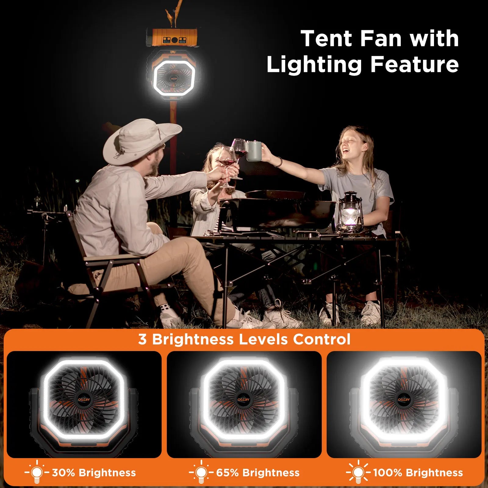 OGERY Rechargeable Camping Fan with LED Light, Portable Multi-Functional Fan with 360° Rotating Hook, Oscillating Emergency Camping Fan Cordless Rotatable Battery Powered Lightweight Summerwins