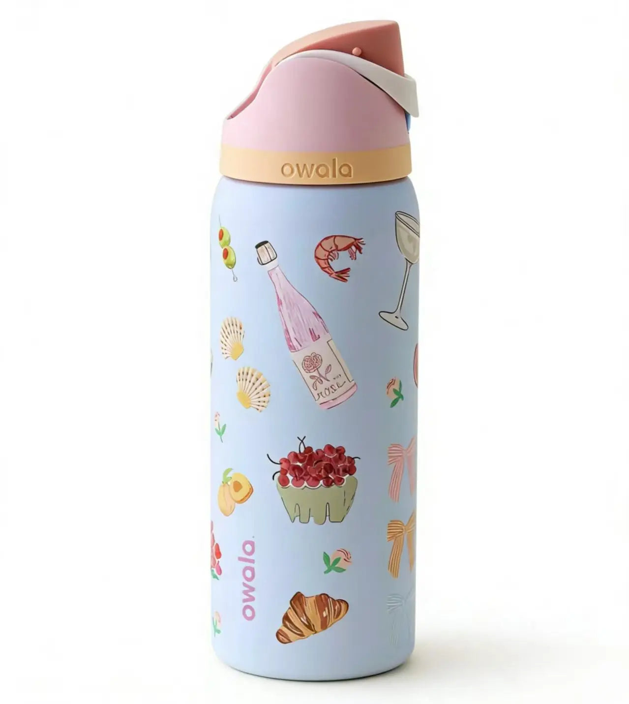 Owala 32Oz Rosé & Croissant Print - Cutest Picnic Inspired Design for Beach Days & Brunch Runs - Keeps Icy Cold All Day - Fashion Accessory Travel Drinkware Beverage Coffee Floral Pure Copper Water Bottle with Bag Glass Juice Lids and Straws Duck Can