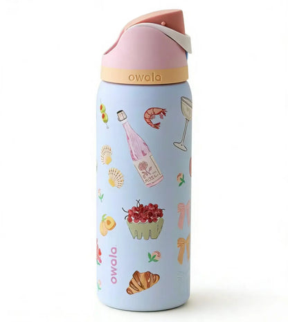 Owala 32Oz Rosé & Croissant Print - Cutest Picnic Inspired Design for Beach Days & Brunch Runs - Keeps Icy Cold All Day - Fashion Accessory Travel Drinkware Beverage Coffee Floral Pure Copper Water Bottle with Bag Glass Juice Lids and Straws Duck Can