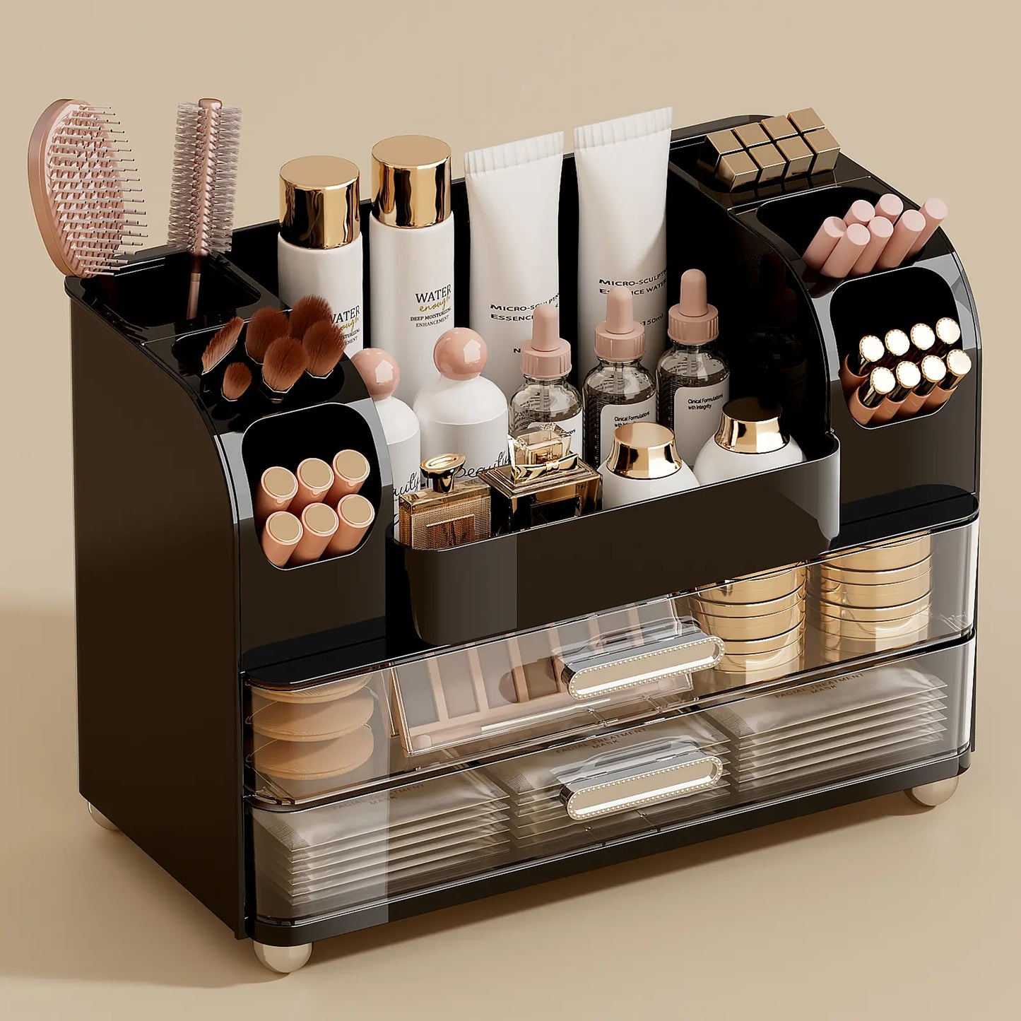 Makeup Organizer for Vanity with 2 Large Drawers, Cosmetic Display Case with Brush Holders, Easy to Storage for Bathroom Countertop Skincare, Desk Office Supplies