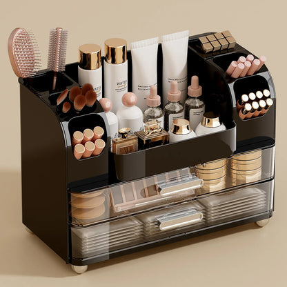 Makeup Organizer for Vanity with 2 Large Drawers, Cosmetic Display Case with Brush Holders, Easy to Storage for Bathroom Countertop Skincare, Desk Office Supplies